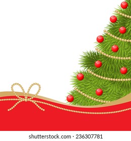 Vector illustrations of New year greeting card with fir decorated red balls and gold garland on white background