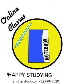 vector illustrations of a notebook with pen writing as well as online classes