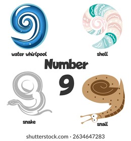 Vector illustrations of objects similar to the number nine. Teaching mathematics to young children.