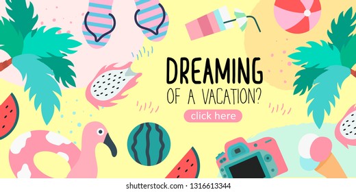 Vector illustrations of objects that are associated with summer, holidays, seaside and vacation by the sea. Creative landing page and web banner in a flat style.