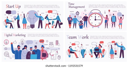 Vector illustrations of the office concept business people in the flat style. E-commerce, time management, start up, digital marketing and mobile advertising business concept.