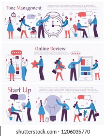 Vector illustrations of the office concept business people in the flat style. E-commerce, time management, start up and Online review business concept.