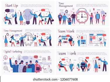 Vector illustrations of the office concept business people in the flat style. E-commerce, time management, start up, digital marketing and mobile advertising business concept.