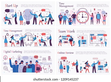 Vector illustrations of the office concept business people in the flat style. E-commerce, time management, start up, digital marketing and mobile advertising business concept.