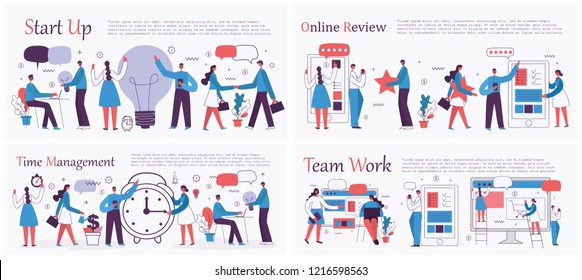 Vector illustrations of the office concept business people in the flat style. E-commerce, time management, start up, digital marketing and mobile advertising business concept.