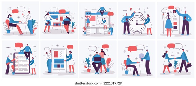 Vector illustrations of the office concept business people in the flat style. E-commerce, time management, start up, digital marketing and project management business concept.