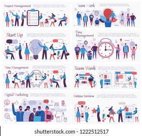 Vector illustrations of the office concept business people in the flat style. E-commerce, time and project management, start up, digital marketing and mobile advertising business concept.