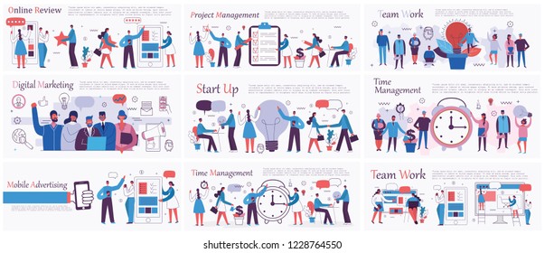 Vector illustrations of the office concept business people in the flat style. E-commerce, time and project management, start up, digital marketing and mobile advertising business concept.