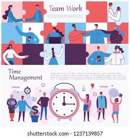 Vector illustrations of the office concept business people in the flat style. E-commerce, time management, start up, digital marketing and mobile advertising business concept.