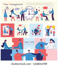 Vector illustrations of the office concept business people in the flat style. E-commerce, time management, start up, digital marketing and mobile advertising business concept.