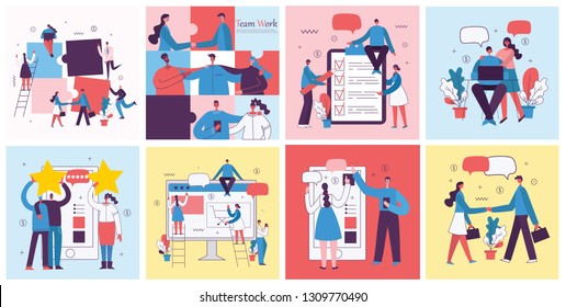 Vector illustrations of the office concept business people in the flat style. E-commerce, project management, start up, digital marketing and mobile advertising business concept.