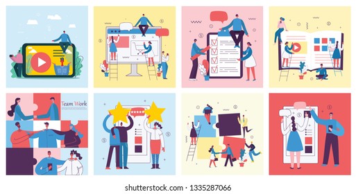 Vector illustrations of the office concept business people in the flat style. E-commerce, online education, project management, start up, digital marketing and mobile advertising business concept 