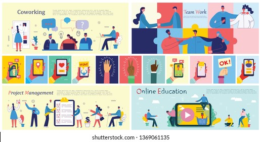 Vector illustrations of the office concept business people in the flat style. E-commerce, online education, project management  and mobile advertising business concept