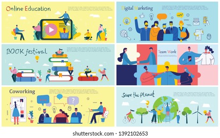 Vector illustrations of the office concept business people in the flat style. Save the planet, online education, project management, book festival, digital marketing and mobile business concept 