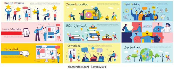 Vector illustrations of the office concept business people in the flat style. Save the planet, online education, project management, book festival, digital marketing and mobile business concept 