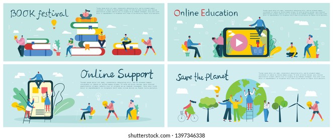 Vector illustrations of the office concept business people in the flat style. Save the planet, online education, Online support, book festival and mobile business concept