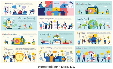 Vector illustrations of the office concept business people in the flat style. Save the planet, online education, project management, book festival, digital marketing and mobile business concept 