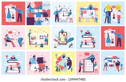 Vector illustrations of the office concept business people in the flat style. E-commerce, online education, project management,  online support, start up business concept