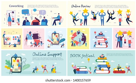 Vector Illustrations Of The Office Concept Business People In The Flat Style. Save The Planet, Online Education, Project Management, Book Festival, Digital Marketing And Mobile Business Concept