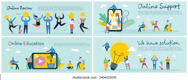 Vector illustrations of the office concept business people in the flat style. We have solution, Online review, Online support, online education and mobile business concept