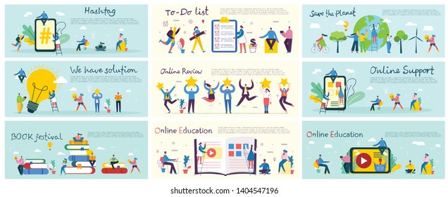 Vector Illustrations Of The Office Concept Business People In The Flat Style. Save The Planet, Online Education, Project Management, Book Festival, Digital Marketing And Mobile Business Concept 