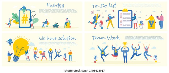 Ilustraciones vectoriales del concepto de oficina de los empresarios en el estilo plano. Lista de tareas pendientes, tenemos solución, hashtag, trabajo en equipo y concepto de negocio móvil 