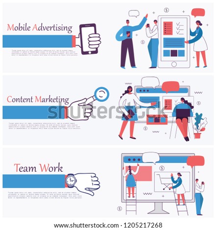 Vector illustrations of the office concept business people in the flat style. E-commerce, time management, start up, digital marketing and mobile advertising business concept.