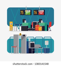 Vector illustrations on airport check-in desk and security line with X-ray in trendy flat design. Ideal for travel themed banners, posters and social media content