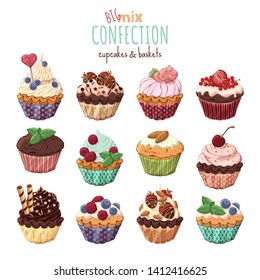 Vector illustrations on the confection theme; different kinds of sweet baskets and cupcakes with cream decorated with berries, chocolate or nuts.
