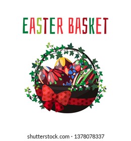 Vector illustrations on the Easter theme; basket with chocolate colored eggs and spring flowers. Isolated objects for your design. Each object can be changed and moved.