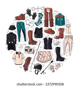 Vector illustrations on the equestrian theme; accessories and clothing for horses and riders. Isolated objects for your design. Each object can be changed and moved.