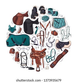 Vector illustrations on the equestrian theme; accessories and clothing for horses and riders. Isolated objects for your design. Each object can be changed and moved.