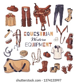 Vector illustrations on the equestrian theme. Western: accessories and clothing for horses and riders. Isolated objects for your design. Each object can be changed and moved.