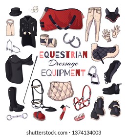 Vector illustrations on the equestrian theme. Dressage: accessories and clothing for horses and riders. Isolated objects for your design. Each object can be changed and moved.