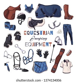 Vector illustrations on the equestrian theme. Jumping: accessories and clothing for horses and riders. Isolated objects for your design. Each object can be changed and moved.