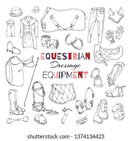 Vector illustrations on the equestrian theme. Dressage: accessories and clothing for horses and riders. Isolated objects for your design. Each object can be changed and moved.