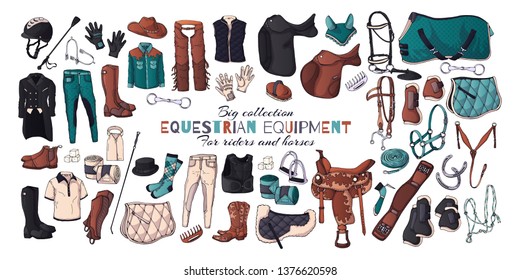 Vector illustrations on the equestrian theme; accessories and clothing for horses and riders. Isolated objects for your design. Each object can be changed and moved.