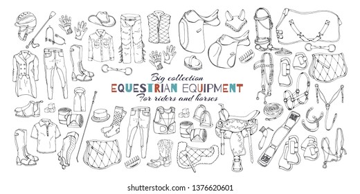 Vector illustrations on the equestrian theme; accessories and clothing for horses and riders. Isolated objects for your design. Each object can be changed and moved.