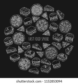 Vector illustrations on the fast food theme; set of different kinds of burgers, pizzas and sandwiches. Pictures are depicted as white sketches on a dark background.