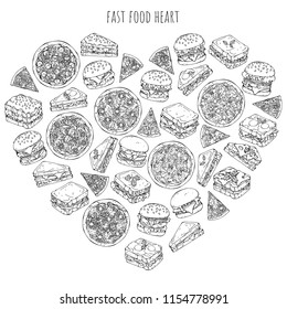 Vector illustrations on the fast food theme; set of different kinds of burgers, pizzas and sandwiches. Pictures are depicted as dark sketches on a white background grouped in the heart.