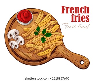 Vector illustrations on the fast food theme: french fries on a board. Isolated objects for your design. Each object can be changed and moved.