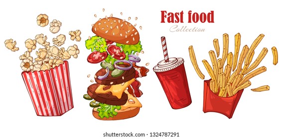 Vector illustrations on the fast food theme: burger, french fries, popcorn, drink. Isolated objects for your design. Each object can be changed and moved.