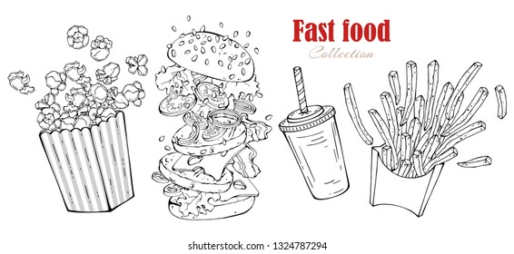 Vector illustrations on the fast food theme: burger, french fries, popcorn, drink. Isolated objects for your design. Each object can be changed and moved.