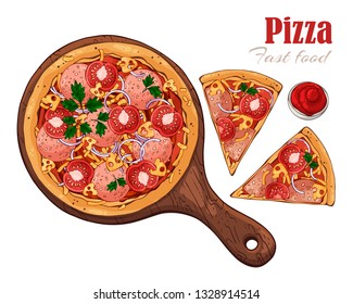 Vector illustrations on the fast food theme: pizza on a board. Isolated objects for your design. Each object can be changed and moved.