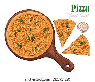 Vector illustrations on the fast food theme: pizza on a board. Isolated objects for your design. Each object can be changed and moved.