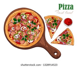 Vector illustrations on the fast food theme: pizza on a board. Isolated objects for your design. Each object can be changed and moved.
