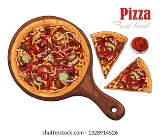 Vector illustrations on the fast food theme: pizza on a board. Isolated objects for your design. Each object can be changed and moved.