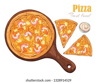 Vector illustrations on the fast food theme: pizza on a board. Isolated objects for your design. Each object can be changed and moved.