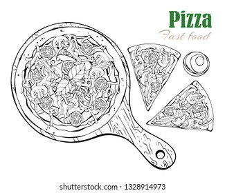 Vector illustrations on the fast food theme: pizza on a board. Isolated objects for your design. Each object can be changed and moved.