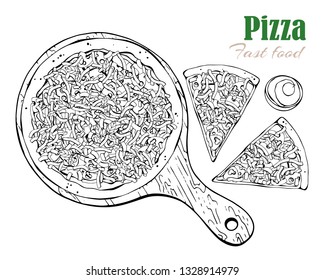 Vector illustrations on the fast food theme: pizza on a board. Isolated objects for your design. Each object can be changed and moved.